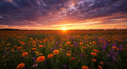 Vibrant Sunset Over a Field of Orange and Purple Flowers