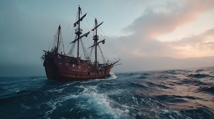 Obraz premium Majestic Sailing Ship Glides Across Raging Ocean Under Dramatic Cloudy Sky.