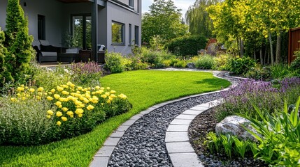 Obraz premium Lush green lawn and flower garden with a winding stone path near the house. Use it to show landscaping, gardening, or home improvement projects.