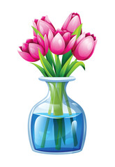 Bouquet of pink tulips in a glass vase with water. Vector cartoon illustration