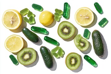 Fresh fruits and supplements arranged on a white background.
