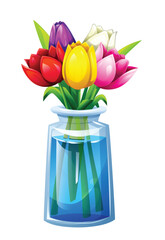 Colorful tulip bouquet in a transparent vase with water and mixed flowers. Vector cartoon illustration