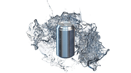 アルミ缶と弾ける水しぶきの3Dイラスト