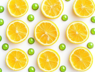 Lemon slices and green candies arranged in a symmetrical pattern.