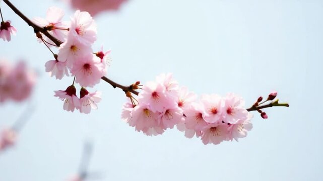 Blooming Japanese cherry or sakura sway in the wind against the backdrop of a clear sky