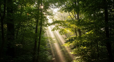 Obraz premium Sunbeams in Lush Green Forest