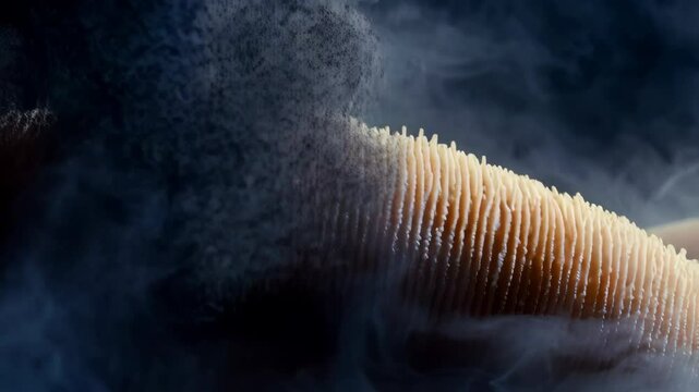 Macro shot of a large gill mushroom fruiting body with gill rows, revealing complex texture details on a dark smoky background