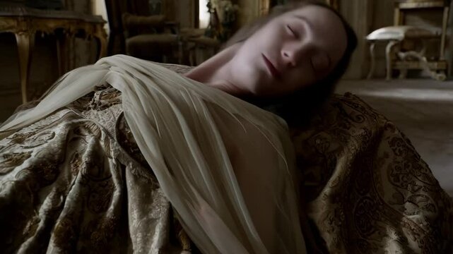 Pale woman in repose, lying on embroidered pillow with draped white fabric indoors