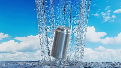 滝のように弾ける水と銀色の缶が描く清涼感の3Dイラスト