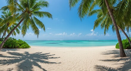 Serene Tropical Beach Scene with Palm Trees and Clear Blue Water
