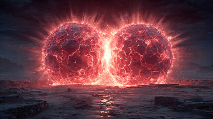 A stunning celestial collision between two planets in deep space, showcasing dramatic impacts, glowing debris, and vibrant cosmic colors. The image captures the immense power and beauty of cosmic even
