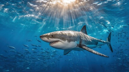 Fototapeta premium Majestic Great White Shark Swimming in Crystal Clear Ocean Water Surrounded by Bubbles and Sunlight Rays Breaking Through the Surface