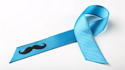 Blue Satin Ribbon With Black Mustache on White Background Representing Men&rsquo;s Health Awareness and Movember Prostate Cancer Campaign Design