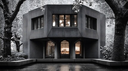 Modern Concrete Building Framed by Trees Architecture  Urban Landscape.