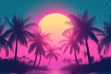 Pink palms silhouette against a bright moon and starry sky over calm water. Perfect for retro vibes, summer promotions, or vibrant digital designs.