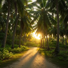 Obraz premium Sunlit Path Through Lush Tropical Palm Trees at Sunset