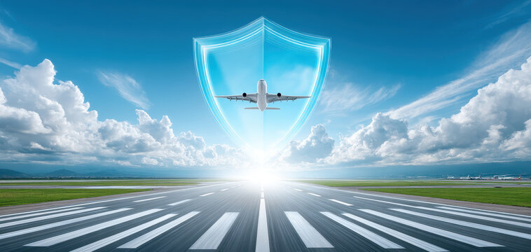 Airplane takes off from runway with glowing shield symbolizing insurance protection under bright blue sky with clouds