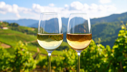 glass of white wine on mountains background
