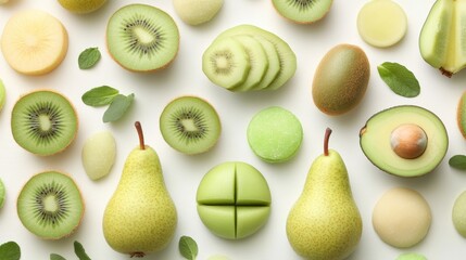 Colorful array of fresh fruits and edible items, presented on a white surface.