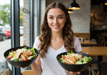 Smiling woman holding two bowls of salad with grilled chicken ready to serve in the restaurant.