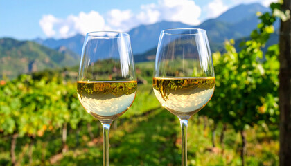 glass of white wine on mountains background