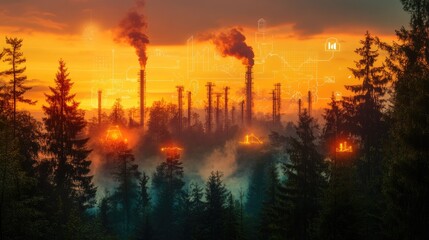 Naklejka premium Industrial pollution impacting a vibrant forest ecosystem at sunset.