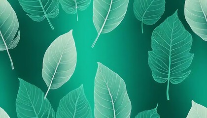 Obraz premium Translucent skeletal leaf silhouettes float on a teal gradient for an airy, organic effect.