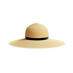 A straw sun hat with a black band isolated on a black background in a studio setting, front view on transparent background