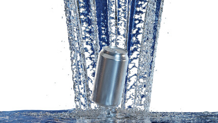 滝のように弾ける水と銀色の缶が描く清涼感の3Dイラスト