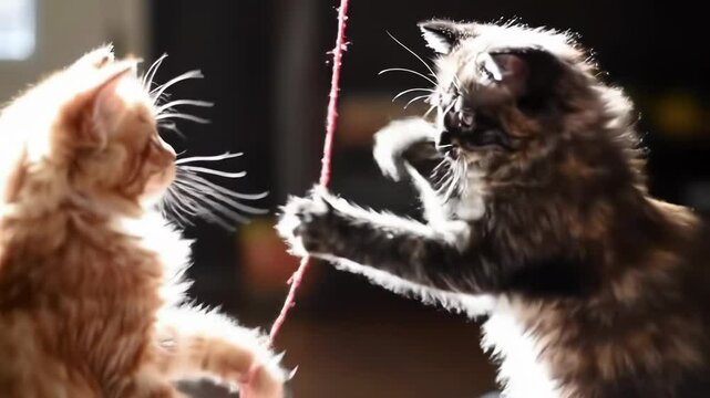Two playful kittens tussle over a piece of string in a sunlit room.