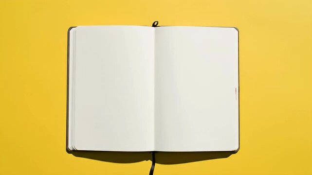 Open book with flipping blank pages on yellow background. 4K Video