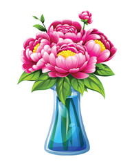 Pink peonies in a tall water vase with stems and leaves. Vector cartoon illustration
