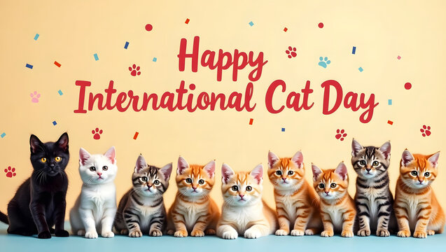 A colorful and heartwarming scene showcasing adorable kittens celebrating the joy of International Cat Day with festive decorations around them