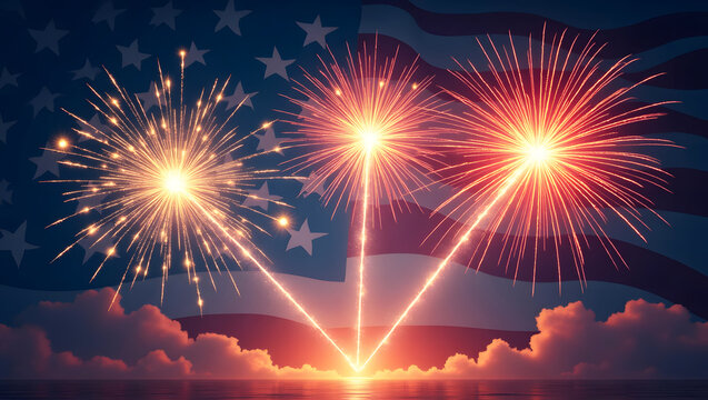 A mesmerizing display of vibrant fireworks illuminates the night sky against a backdrop of stars and stripes celebrating independence and freedom.
