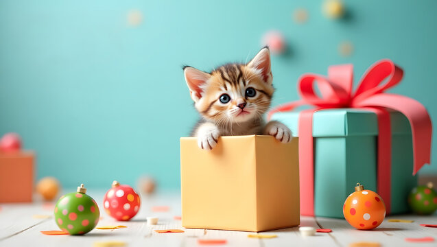 A cute little kitten peeks out from a bright gift box surrounded by playful ornaments and colorful decorations creating a festive atmosphere of joy