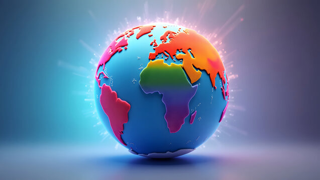A mesmerizing and vivid 3D rendering of a globe showcasing bright continents surrounded by vibrant light against a soft background atmosphere for an inspiring visual impact