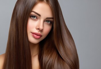Beautiful woman with long, straight hair against a white background, conveying a beauty and spa concept