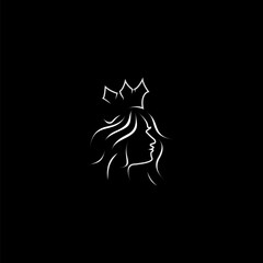 Line Art woman with loose hair and wearing a crown. Vector woman face. Crowned woman logo