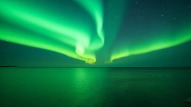 Northern Lights illuminate the night sky with green and vibrant hues, casting a serene reflection over the ocean waters, blending the magic of nature light show with the tranquility of the sea.