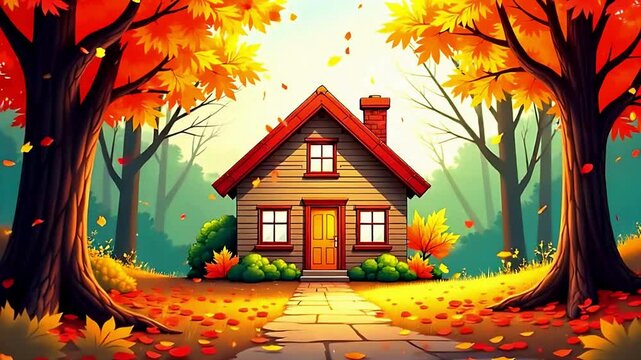 A charming house surrounded by colorful autumn leaves and tall trees during fall