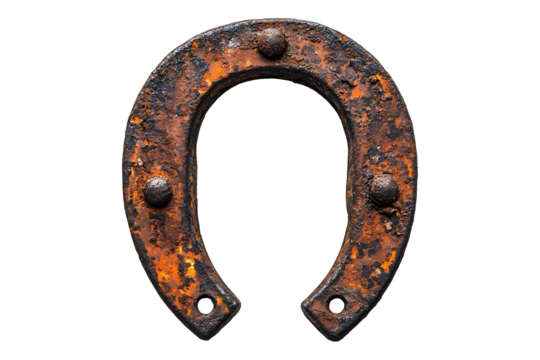 Old rusty horseshoe vertically isolated on transparent background
