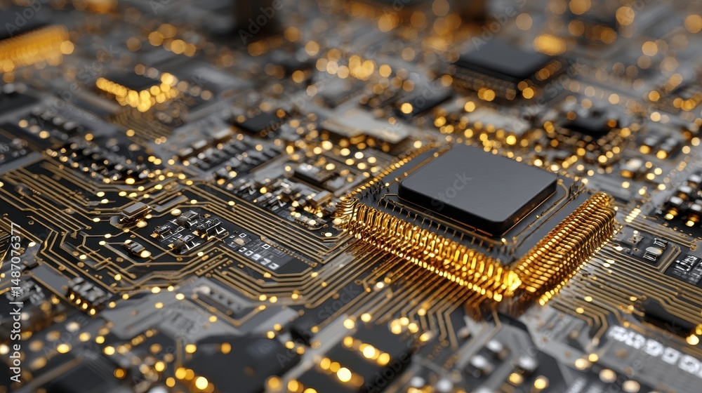 Poster close-up view of a high-tech circuit board with microchips and printed circuitry in a dark setting i