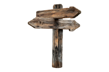 Old-fashioned wooden signpost with arrows isolated on transparent background
