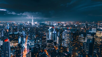 Obraz premium Nighttime City Aerial View Showing Illuminated Buildings with Blue And Orange Lights