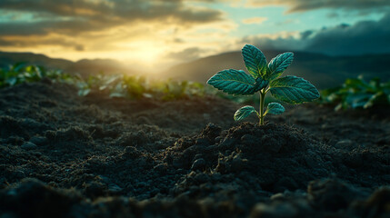 A cross-shaped minimalistic three-leaved plant emerging from fertile soil, symbolizing new Christian life and spiritual growth. Ample blank space on the side allows for captions or text.

