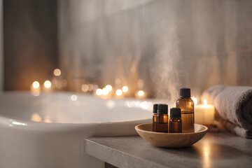 Modern bathroom with warm lighting steaming bathtub candles and essential oils capturing a tranquil self care ritual during the emotional depths of winter
