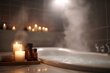 Modern bathroom with warm lighting steaming bathtub candles and essential oils capturing a tranquil self care ritual during the emotional depths of winter
