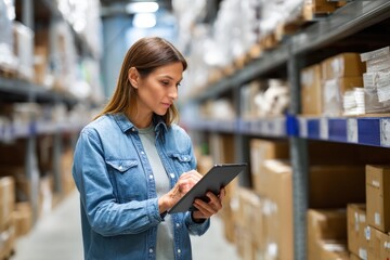Caucasian woman managing inventory in a warehouse.