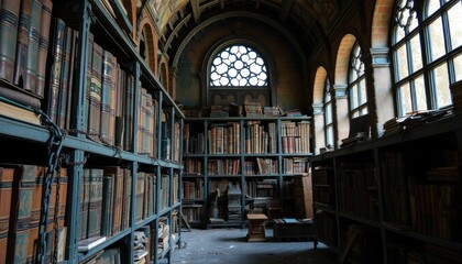 Grand library interior: old books, arch window, knowledge