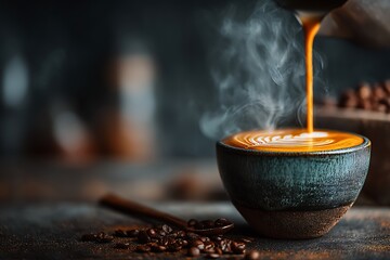 Steaming Latte Art Being Poured into a Rustic Mug with Coffee Beans.